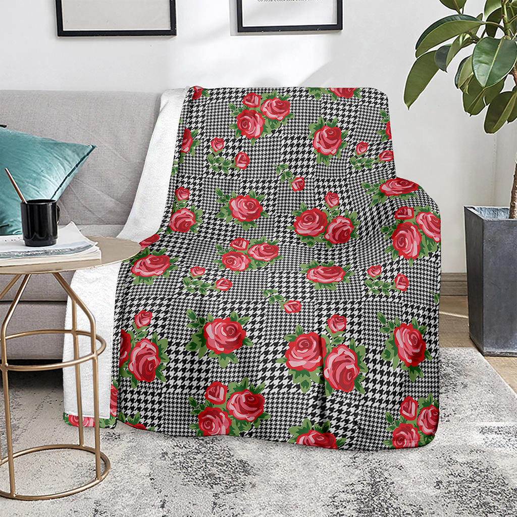 Red Roses Houndstooth Pattern Print Blanket