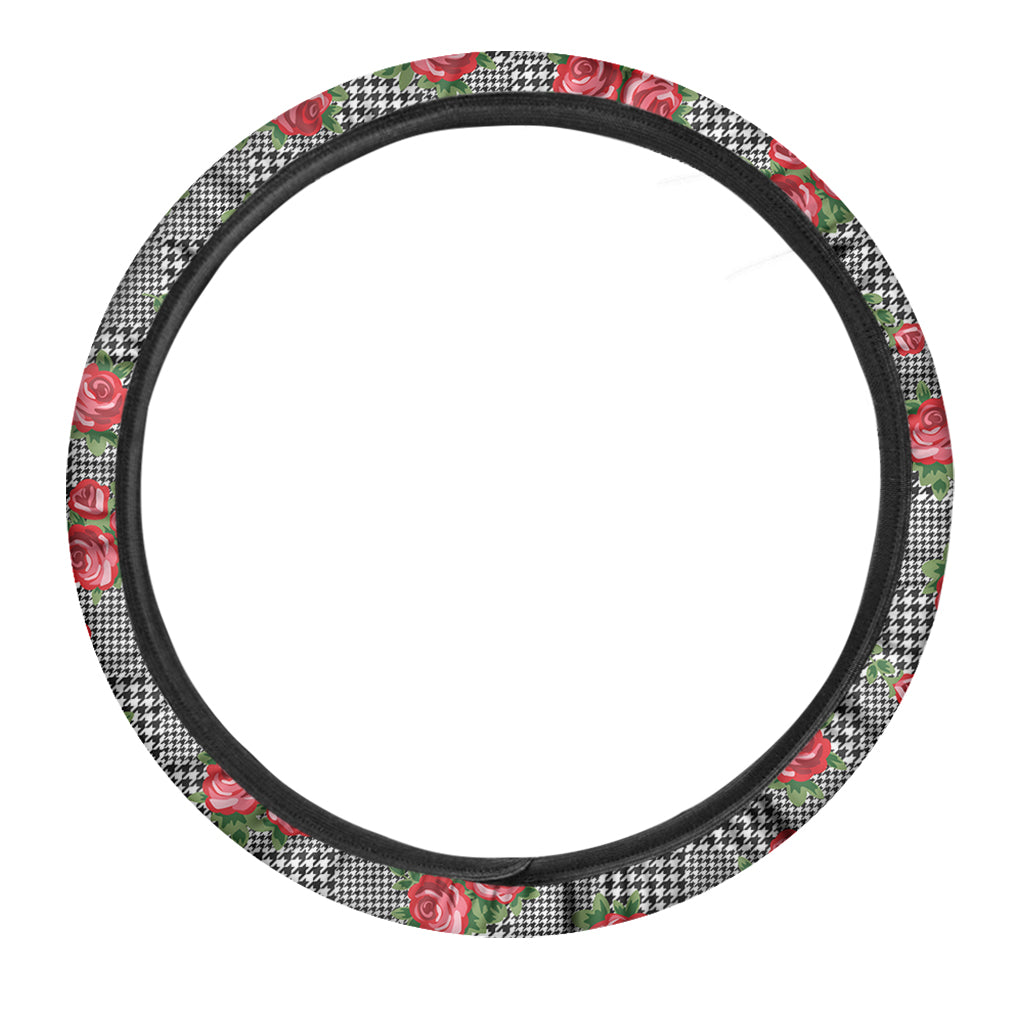 Red Roses Houndstooth Pattern Print Car Steering Wheel Cover