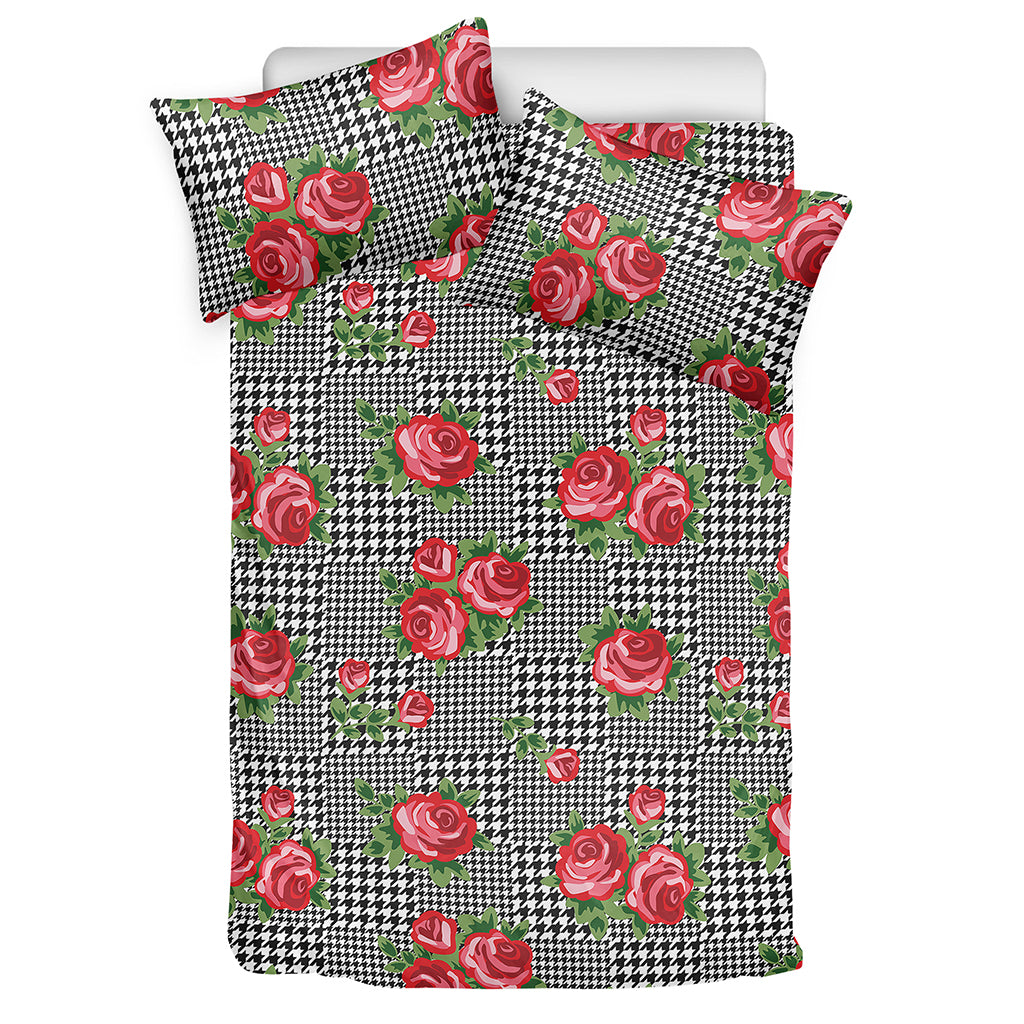 Red Roses Houndstooth Pattern Print Duvet Cover Bedding Set