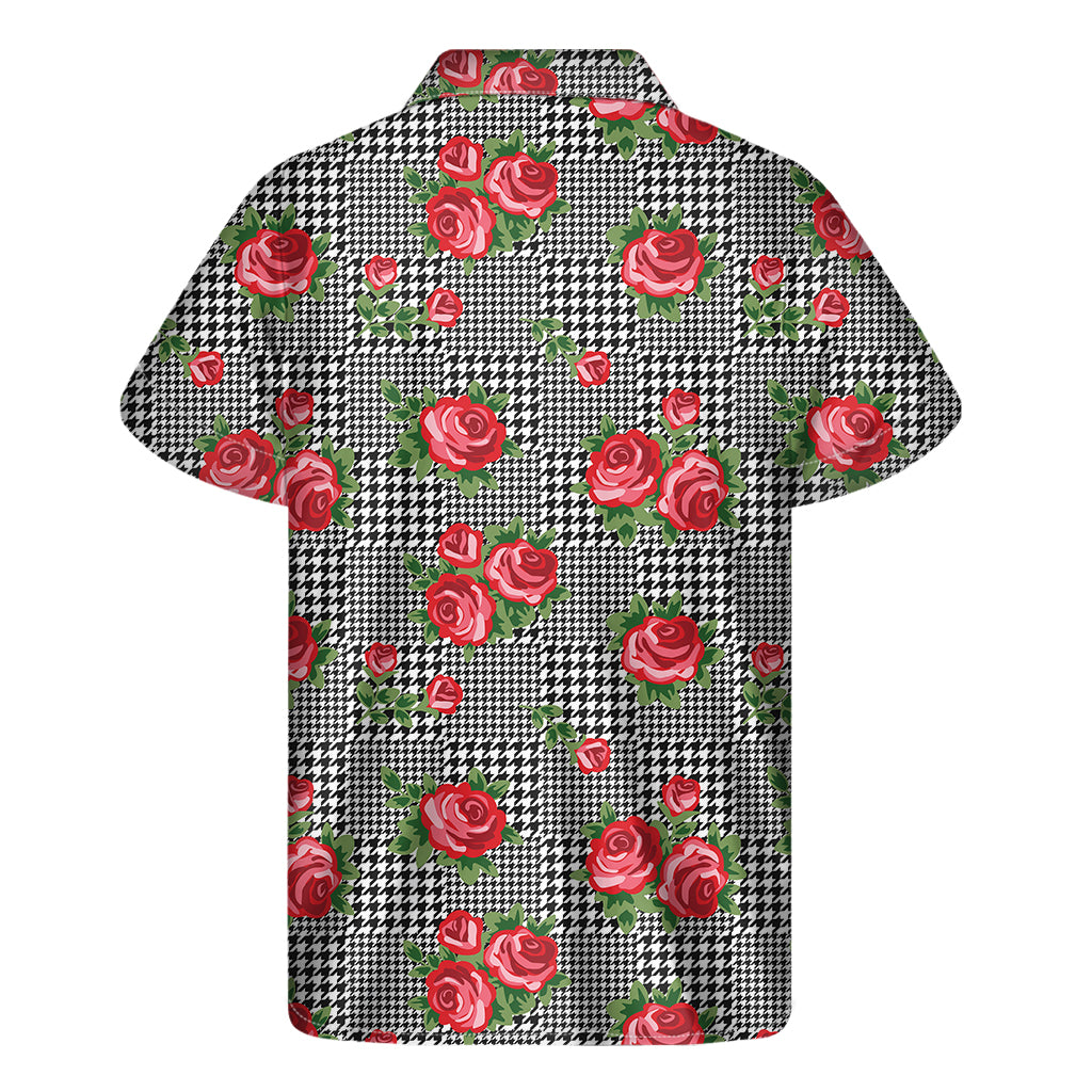 Red Roses Houndstooth Pattern Print Men's Short Sleeve Shirt