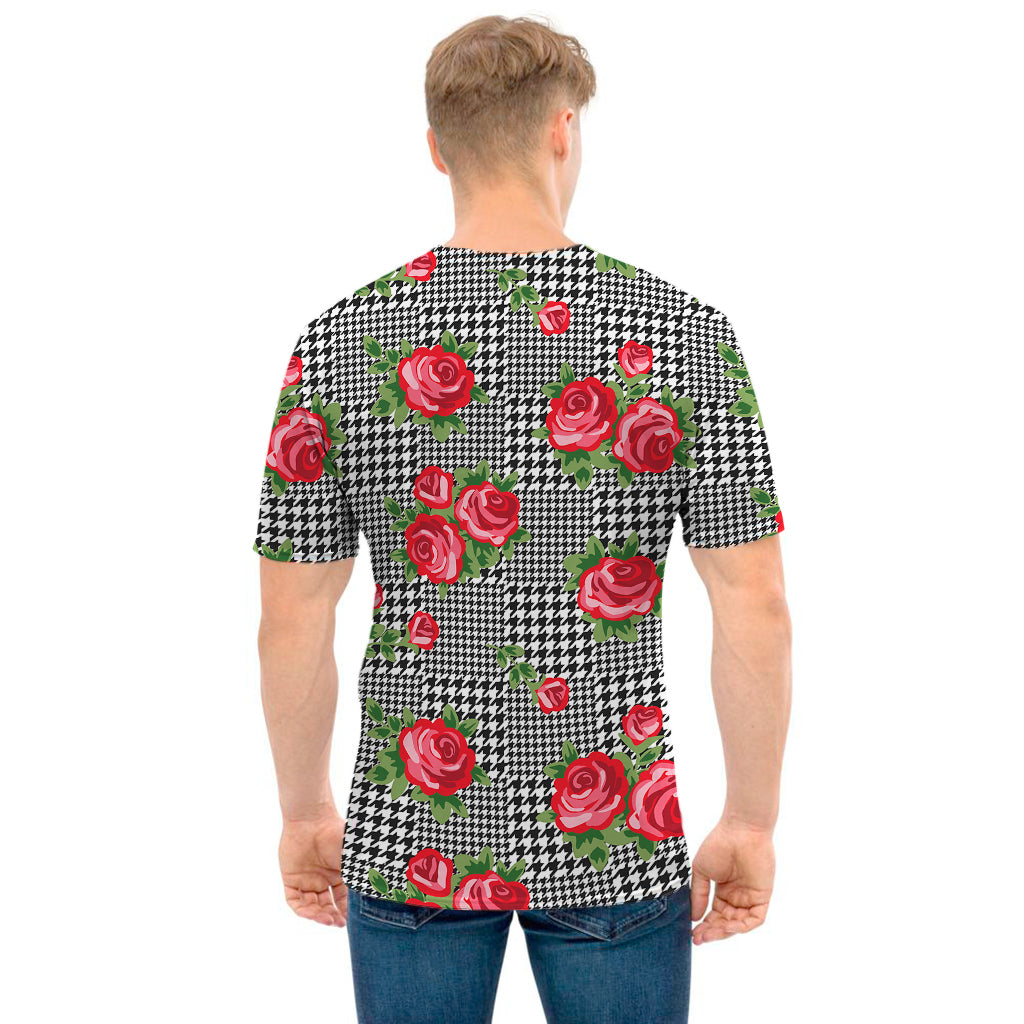 Red Roses Houndstooth Pattern Print Men's T-Shirt