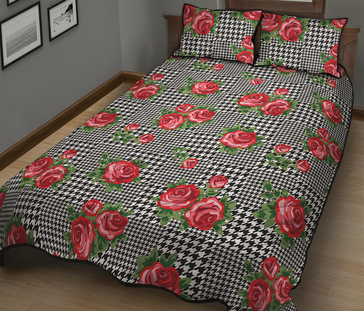 Red Roses Houndstooth Pattern Print Quilt Bed Set