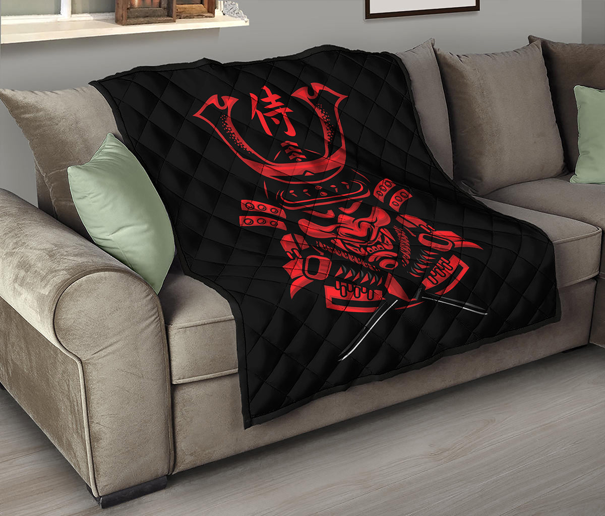 Red Samurai Mask Print Quilt