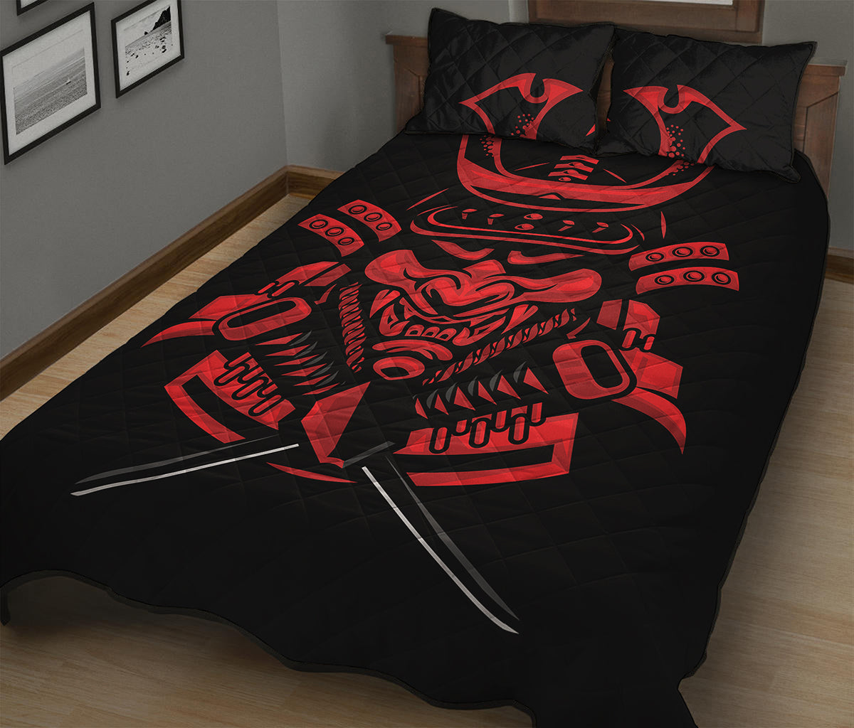 Red Samurai Mask Print Quilt Bed Set