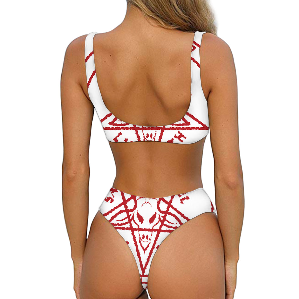 Red Satanic Pentagram Symbol Print Front Bow Tie Bikini