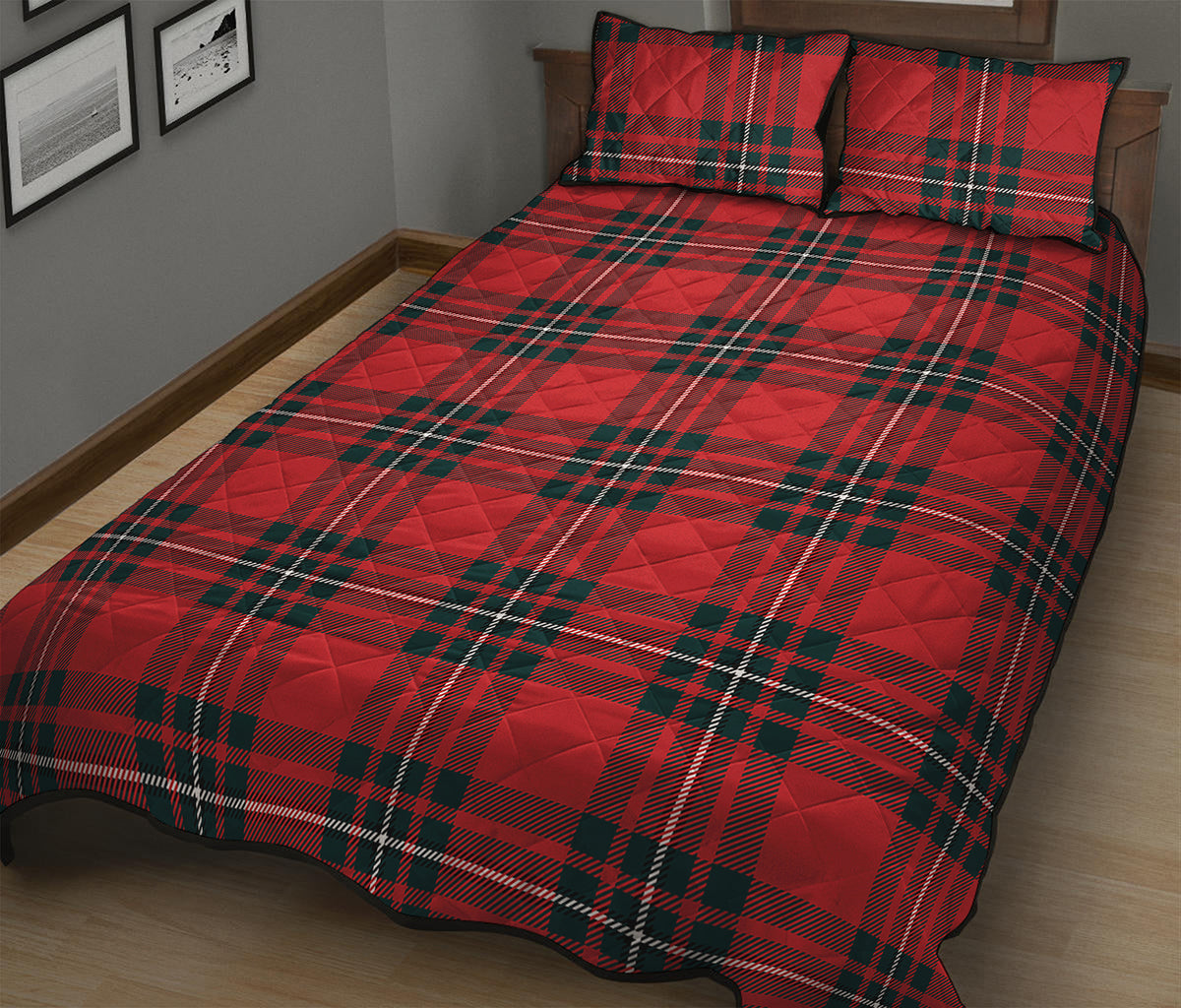Red Scottish Tartan Pattern Print Quilt Bed Set