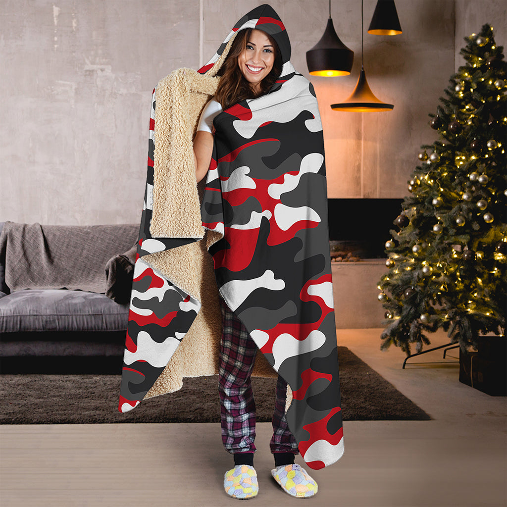 Red Snow Camouflage Print Hooded Blanket