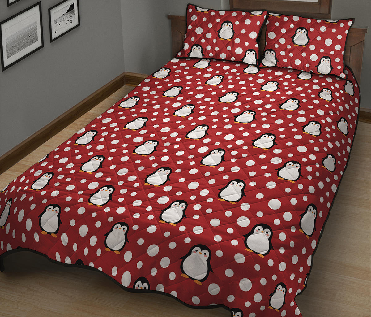 Red Snow Penguin Pattern Print Quilt Bed Set