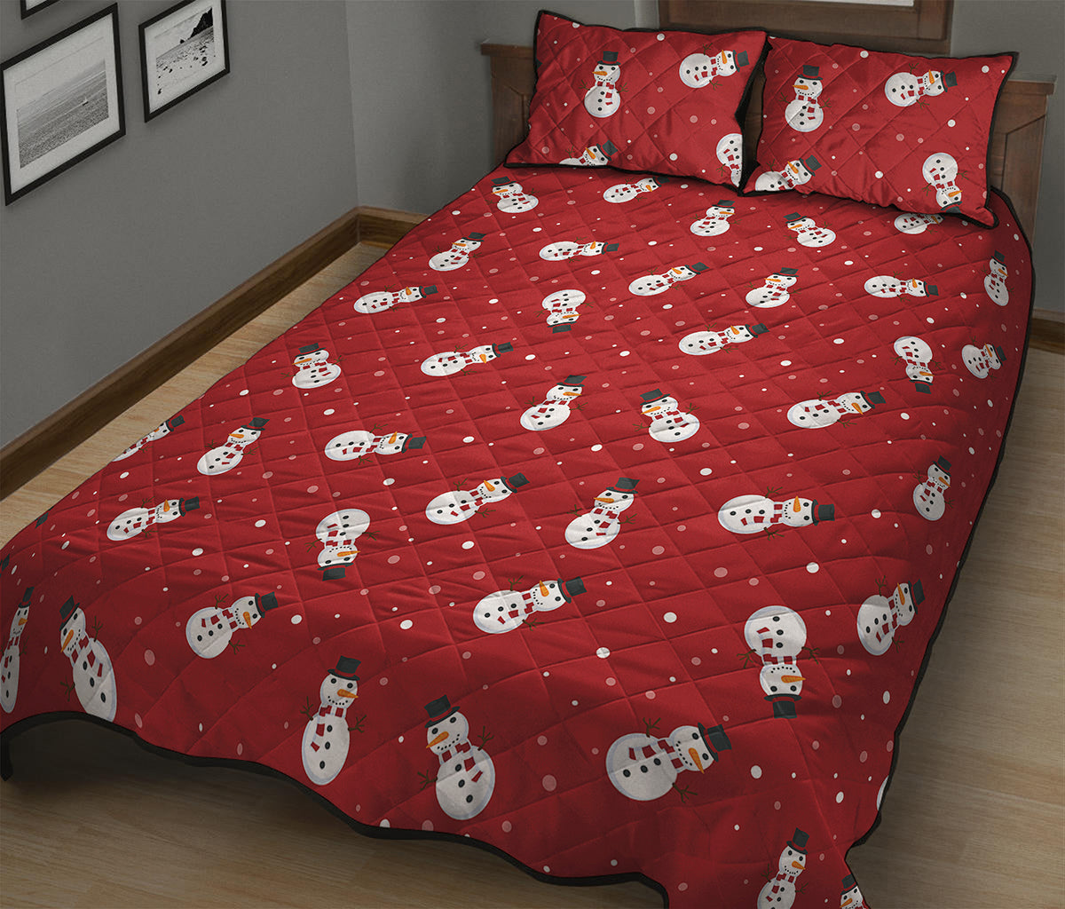 Red Snowman Pattern Print Quilt Bed Set