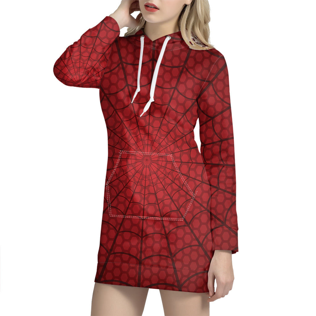 Red Spider Web Print Pullover Hoodie Dress