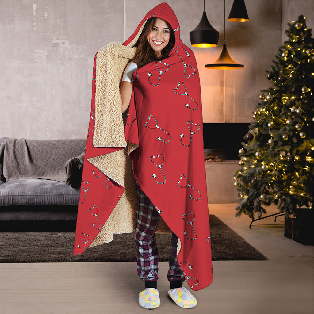 Red Stethoscope Pattern Print Hooded Blanket