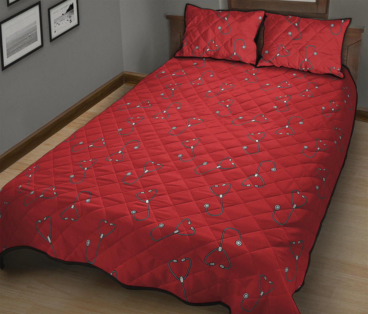 Red Stethoscope Pattern Print Quilt Bed Set