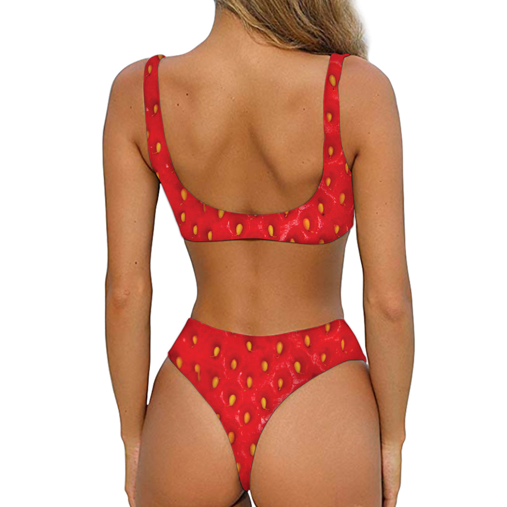 Red Strawberry Texture Print Front Bow Tie Bikini