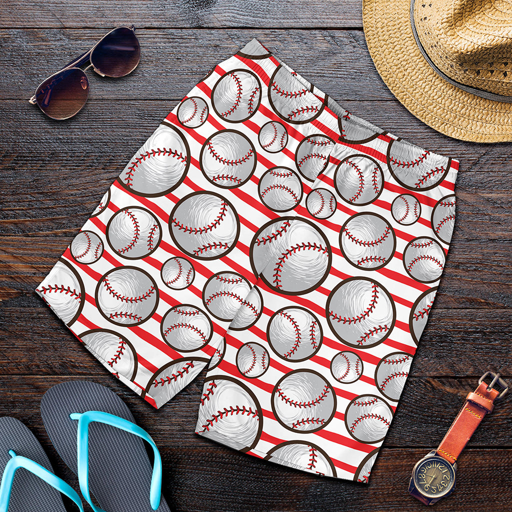Red Striped Baseball Pattern Print Men's Shorts