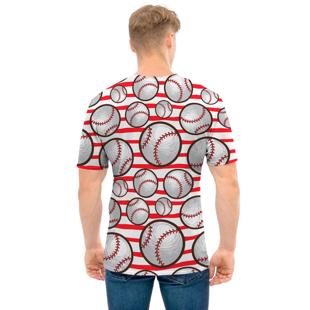 Red Striped Baseball Pattern Print Men's T-Shirt