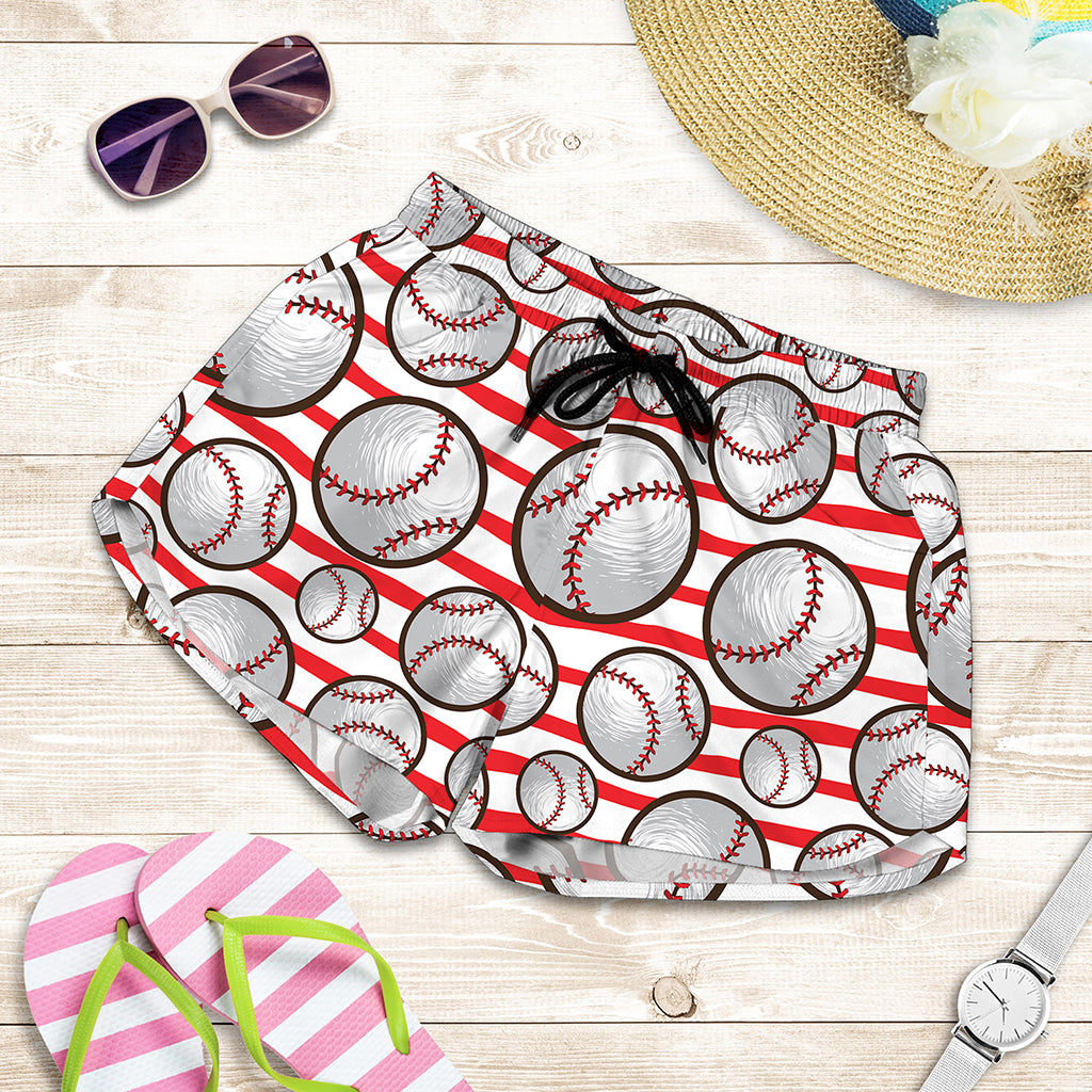 Red Striped Baseball Pattern Print Women's Shorts