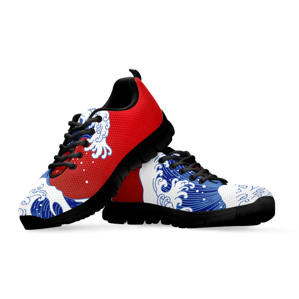 Red Sun Japanese Wave Print Black Sneakers