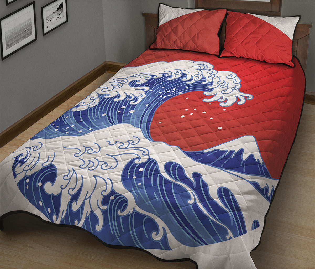 Red Sun Japanese Wave Print Quilt Bed Set