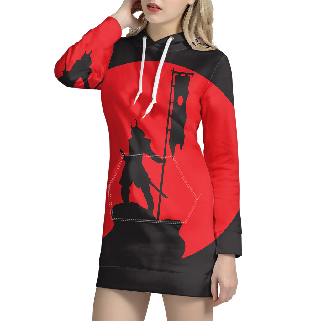Red Sun Samurai Print Pullover Hoodie Dress