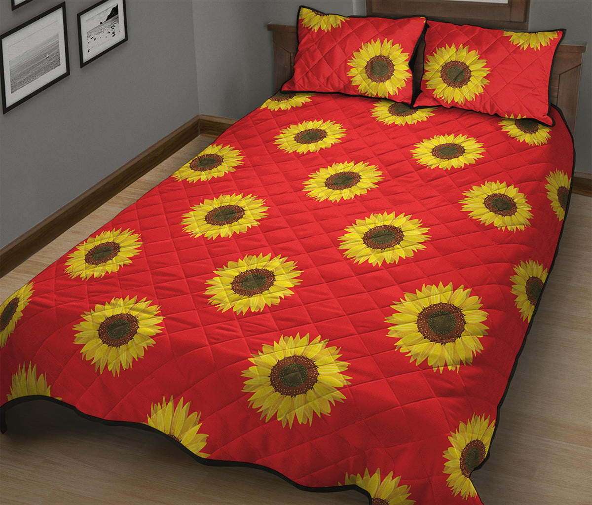 Red Sunflower Pattern Print Quilt Bed Set