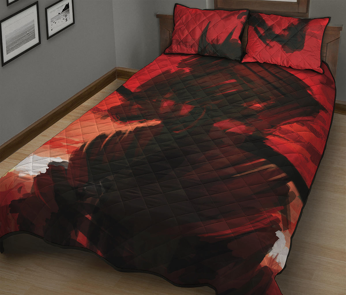 Red Sunset Samurai Print Quilt Bed Set