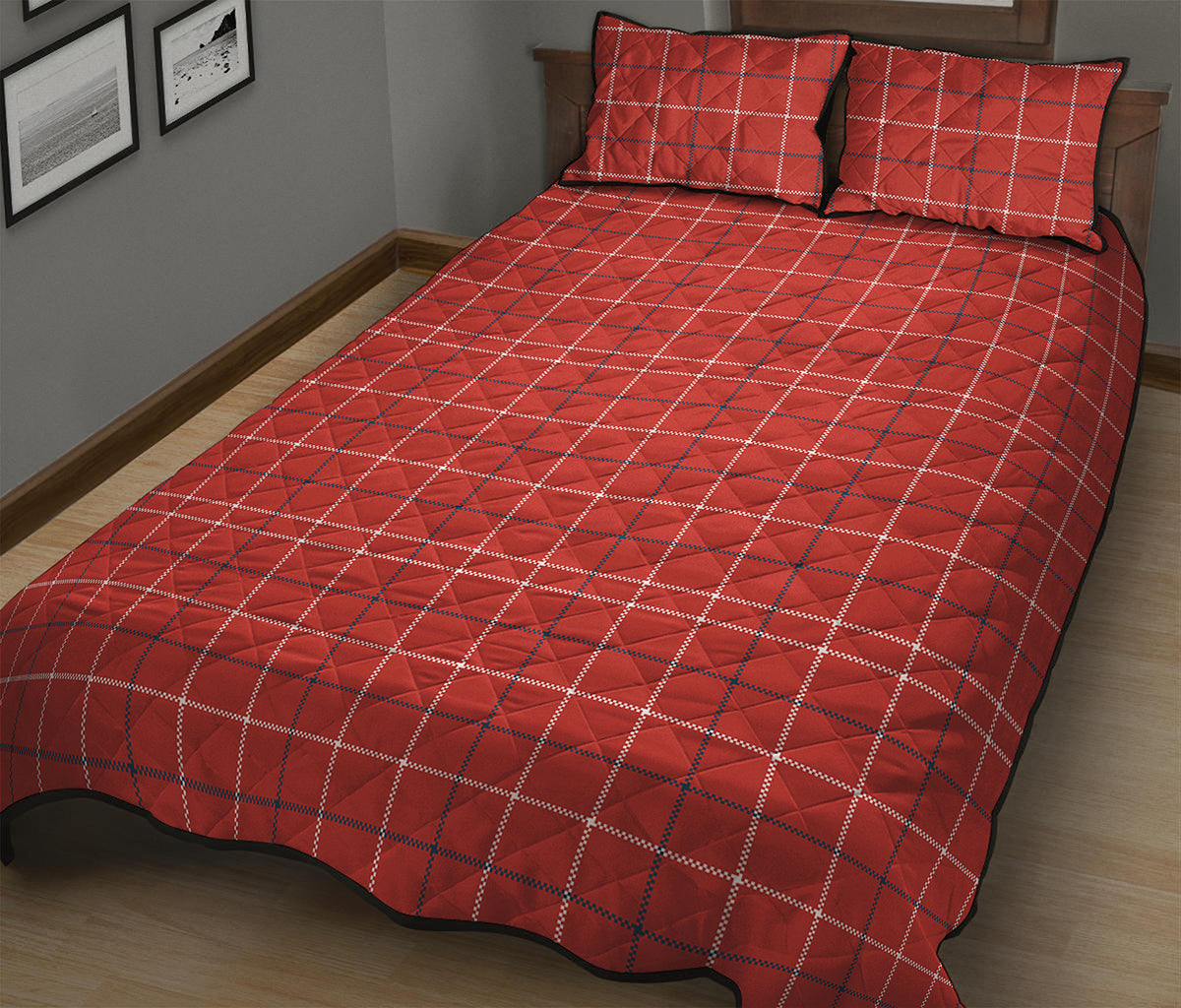 Red Tattersall Pattern Print Quilt Bed Set