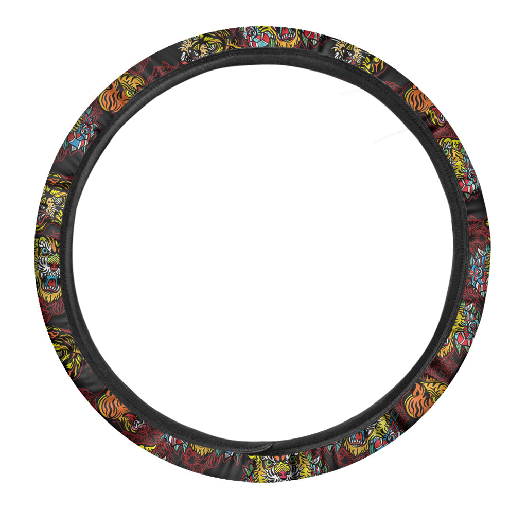 Red Tiger Tattoo Pattern Print Car Steering Wheel Cover