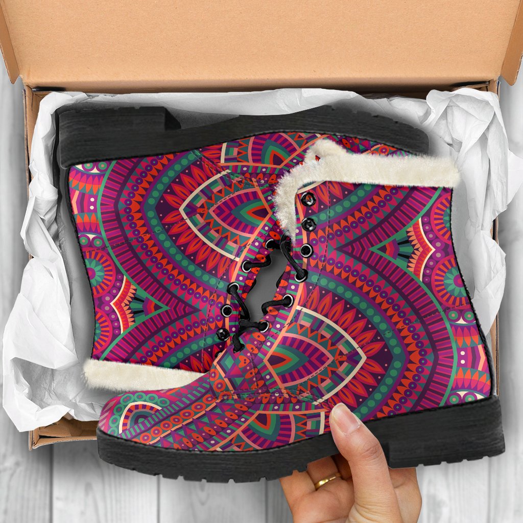 Red Tribal Ethnic Mandala Print Comfy Boots GearFrost
