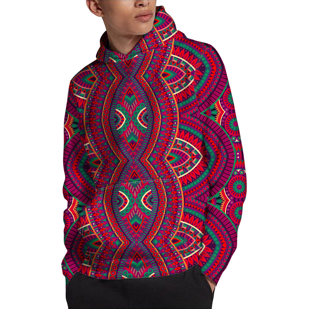 Red Tribal Ethnic Mandala Print Pullover Hoodie