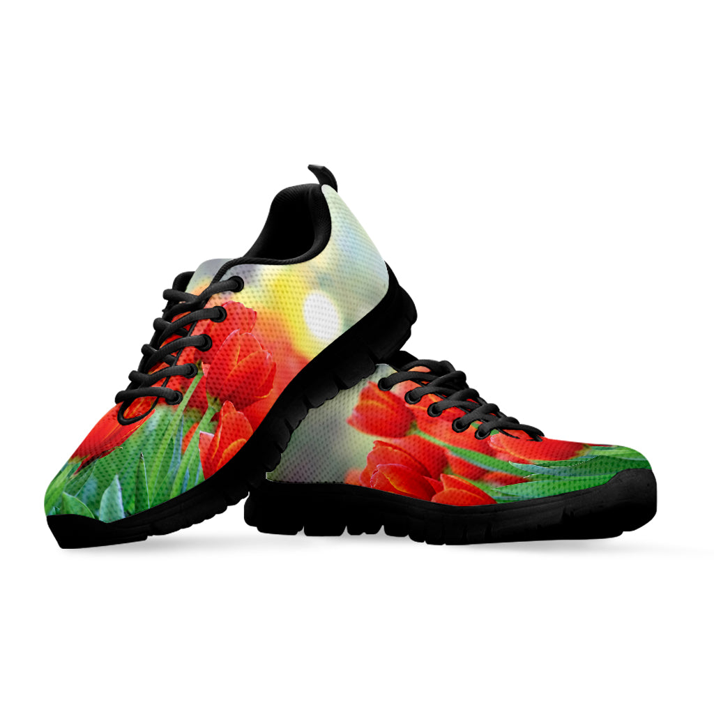 Red Tulip Print Black Sneakers