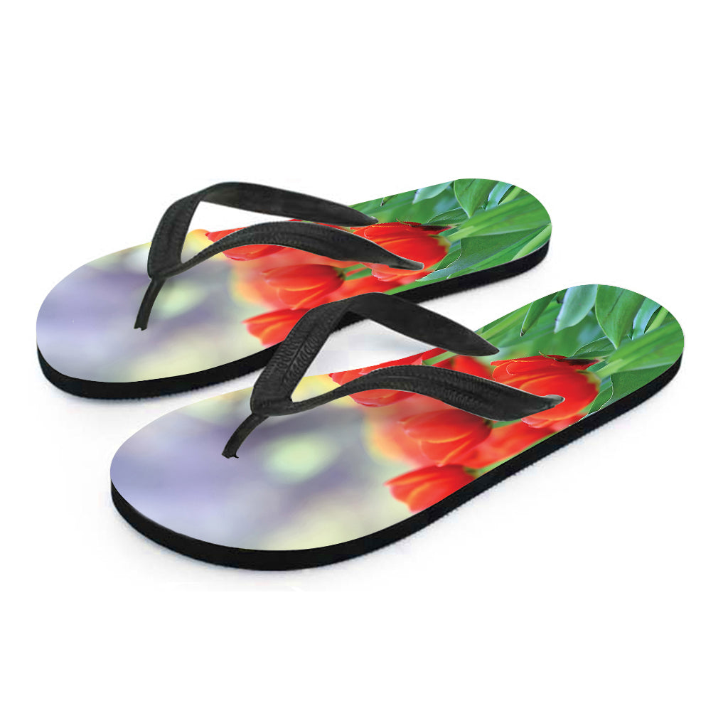 Red Tulip Print Flip Flops