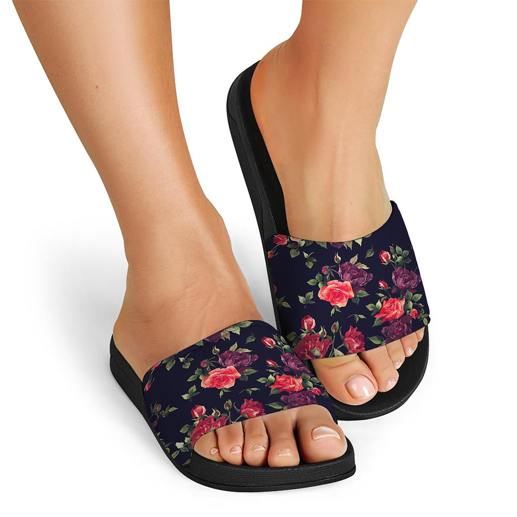 Red Violet Roses Floral Pattern Print Black Slide Sandals