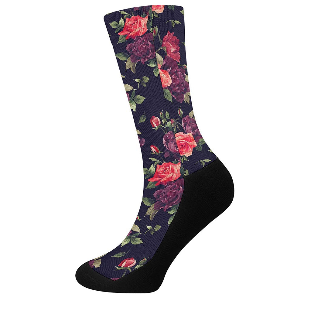 Red Violet Roses Floral Pattern Print Crew Socks