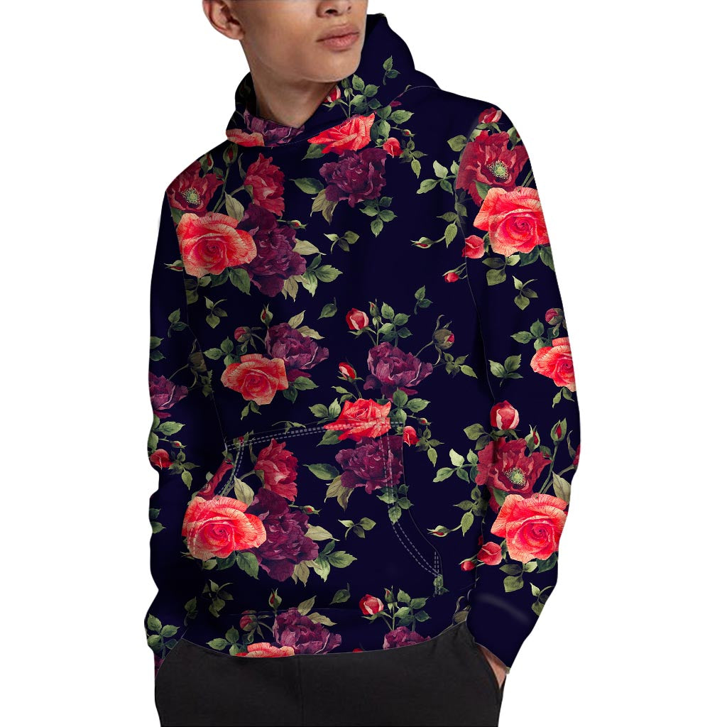 Red Violet Roses Floral Pattern Print Pullover Hoodie
