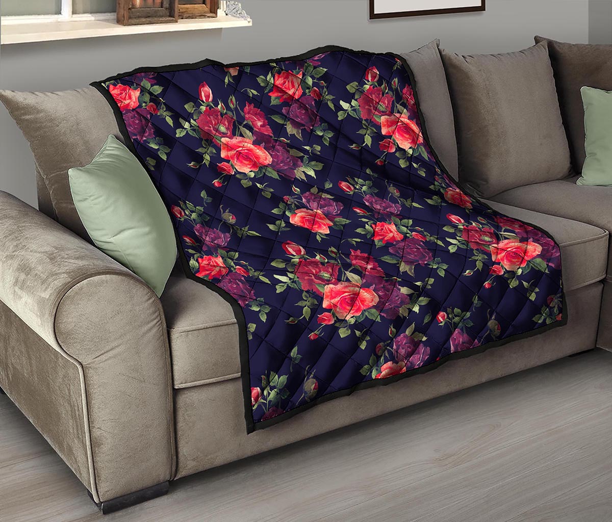 Red Violet Roses Floral Pattern Print Quilt