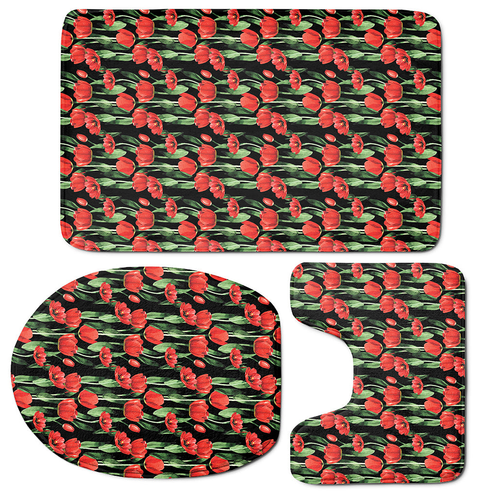 Red Watercolor Tulip Pattern Print 3 Piece Bath Mat Set