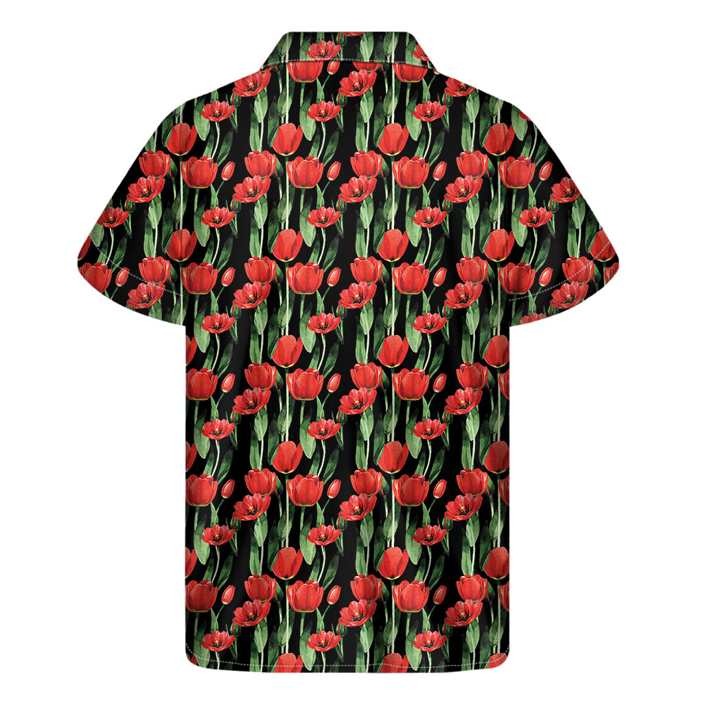 Red Watercolor Tulip Pattern Print Men's Short Sleeve Shirt