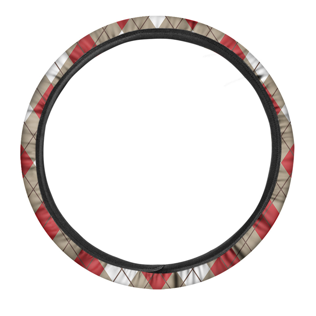 Red White And Beige Argyle Pattern Print Car Steering Wheel Cover