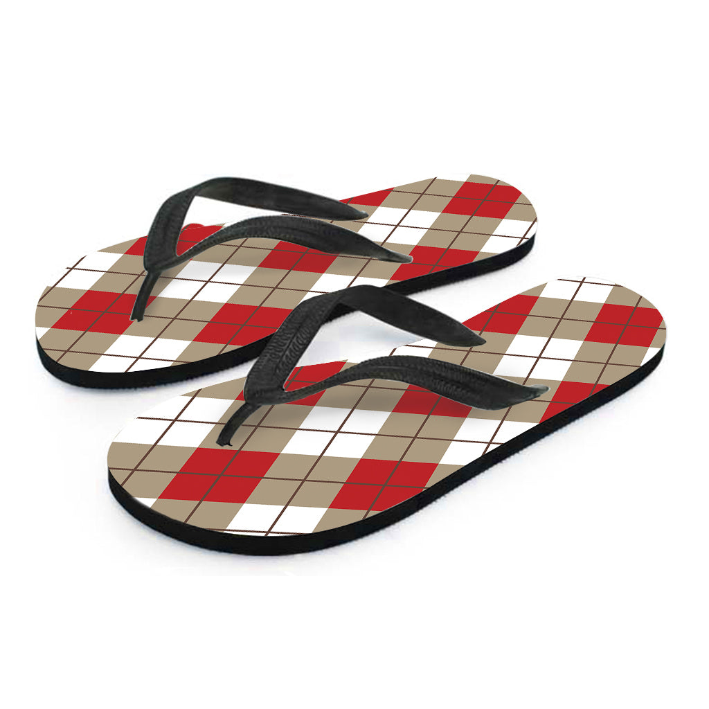 Red White And Beige Argyle Pattern Print Flip Flops