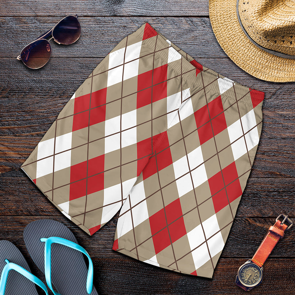 Red White And Beige Argyle Pattern Print Men's Shorts
