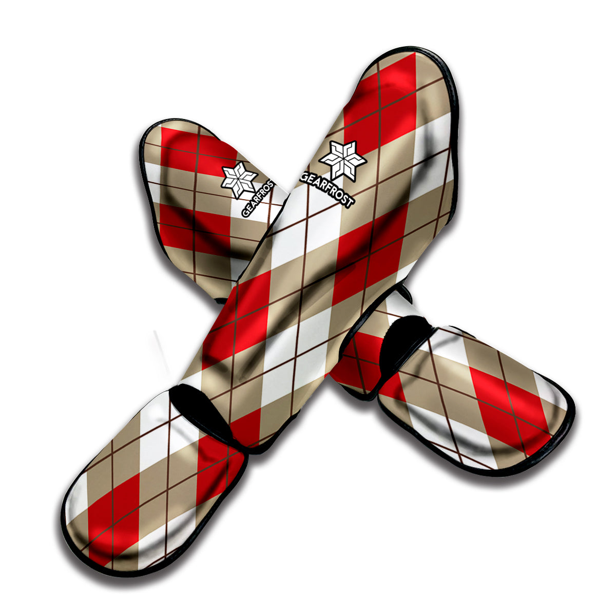 Red White And Beige Argyle Pattern Print Muay Thai Shin Guard