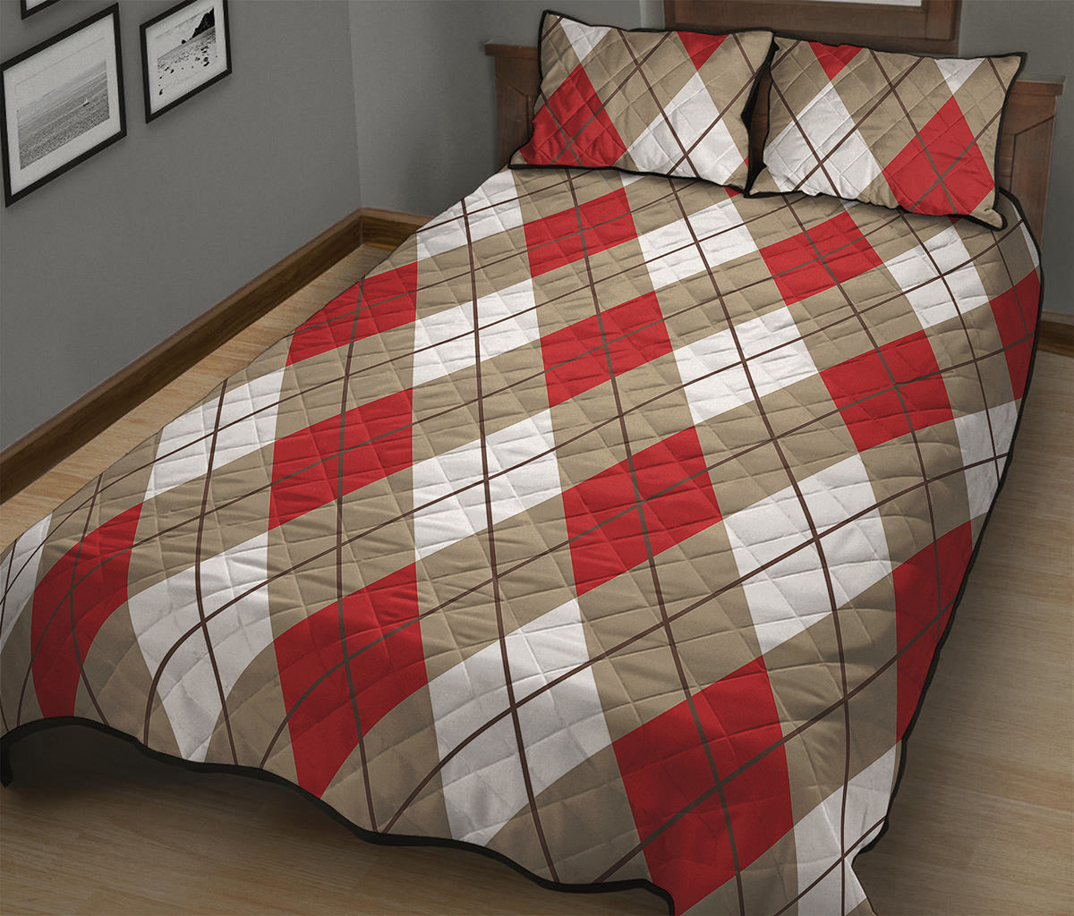 Red White And Beige Argyle Pattern Print Quilt Bed Set