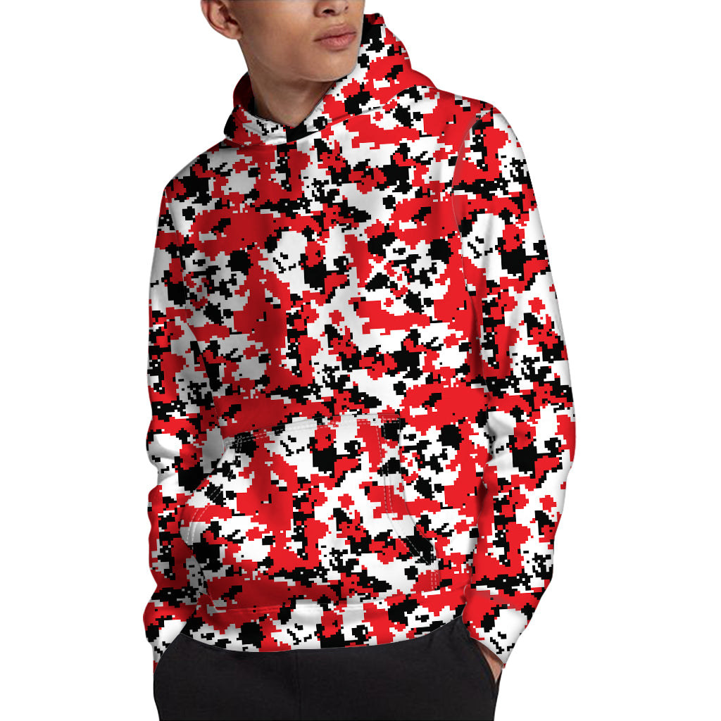 Red White And Black Digital Camo Print Pullover Hoodie