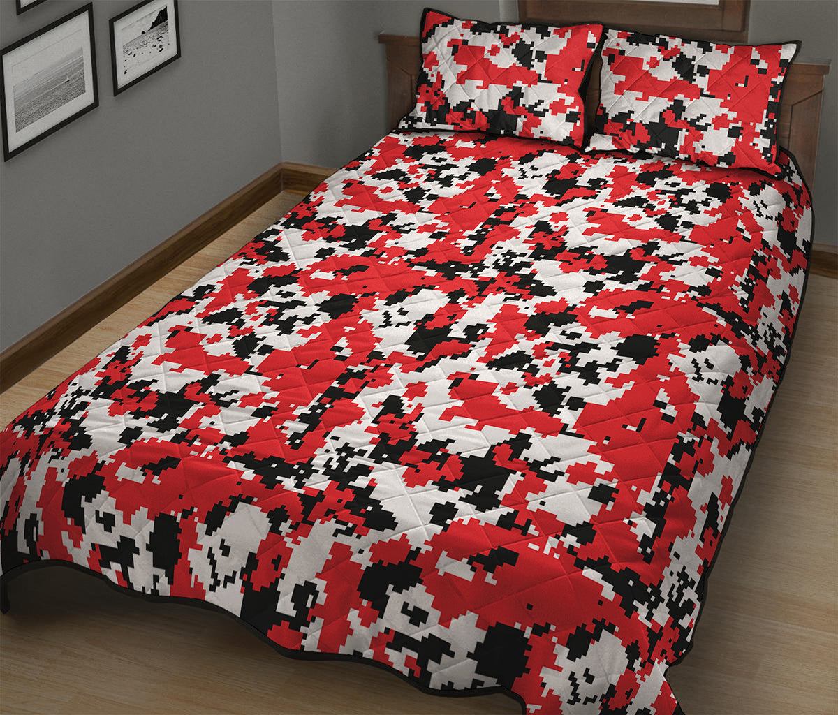 Red White And Black Digital Camo Print Quilt Bed Set