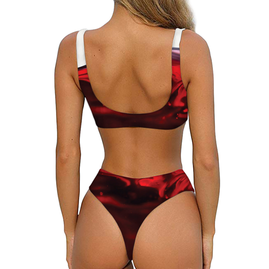 Red Wine Print Front Bow Tie Bikini