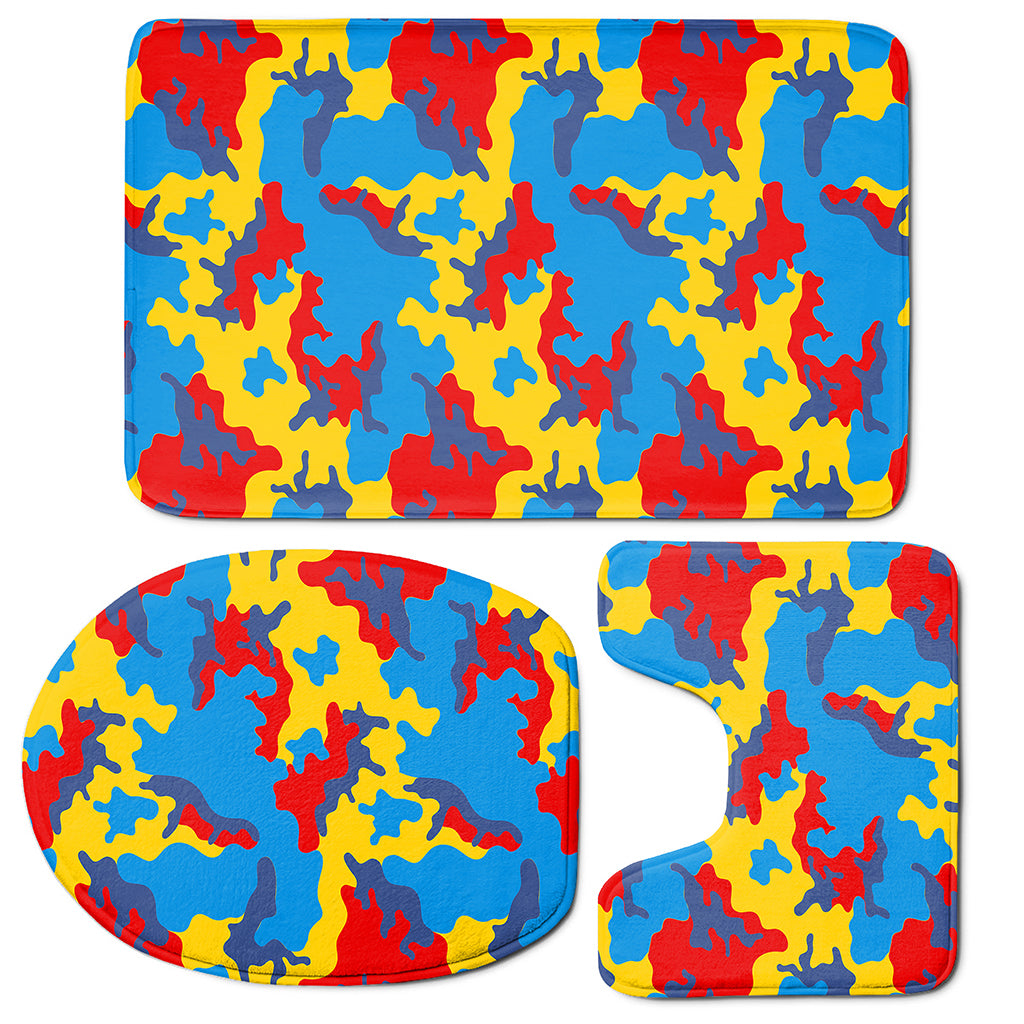 Red Yellow And Blue Camouflage Print 3 Piece Bath Mat Set