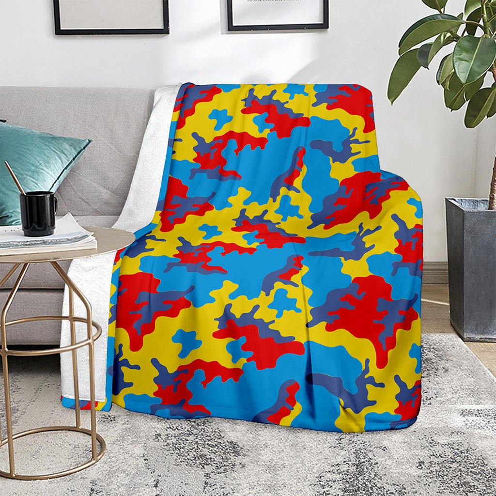 Red Yellow And Blue Camouflage Print Blanket