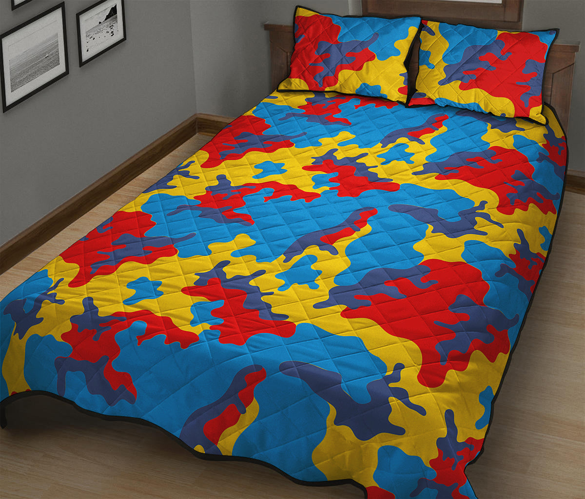 Red Yellow And Blue Camouflage Print Quilt Bed Set
