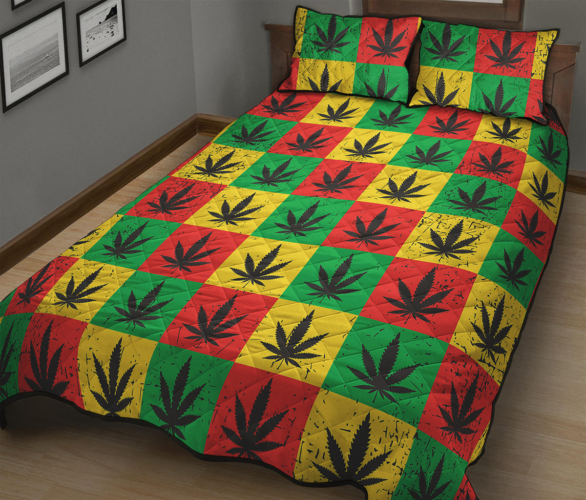Reggae Marijuana Leaf Pattern Print Quilt Bed Set