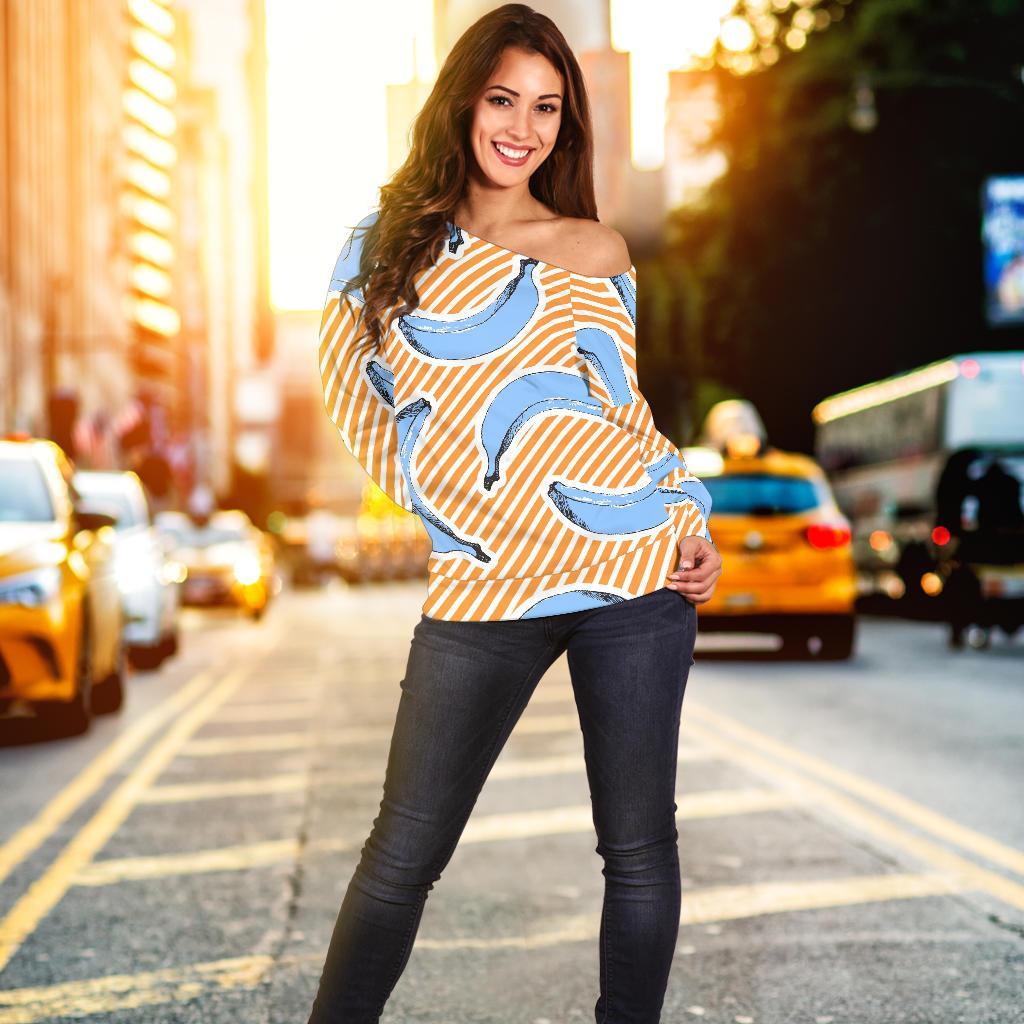 Retro Blue Banana Pattern Print Off Shoulder Sweatshirt GearFrost